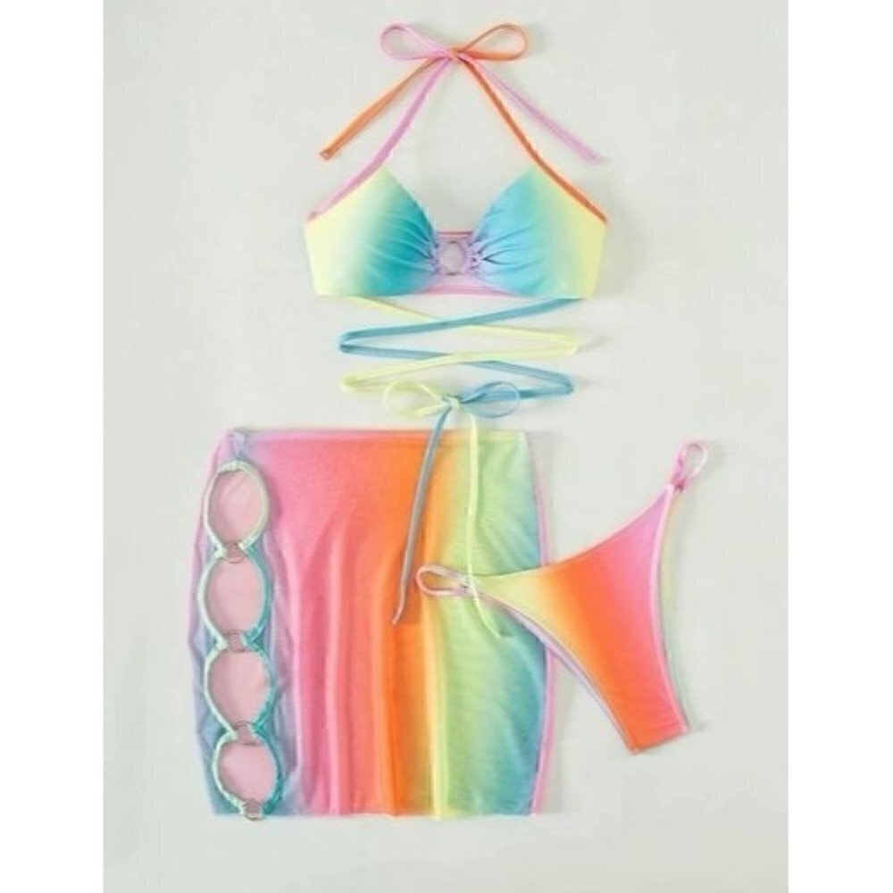 Multicolor Ombre Lace Up Bikini Swimsuit With Beach Skirt